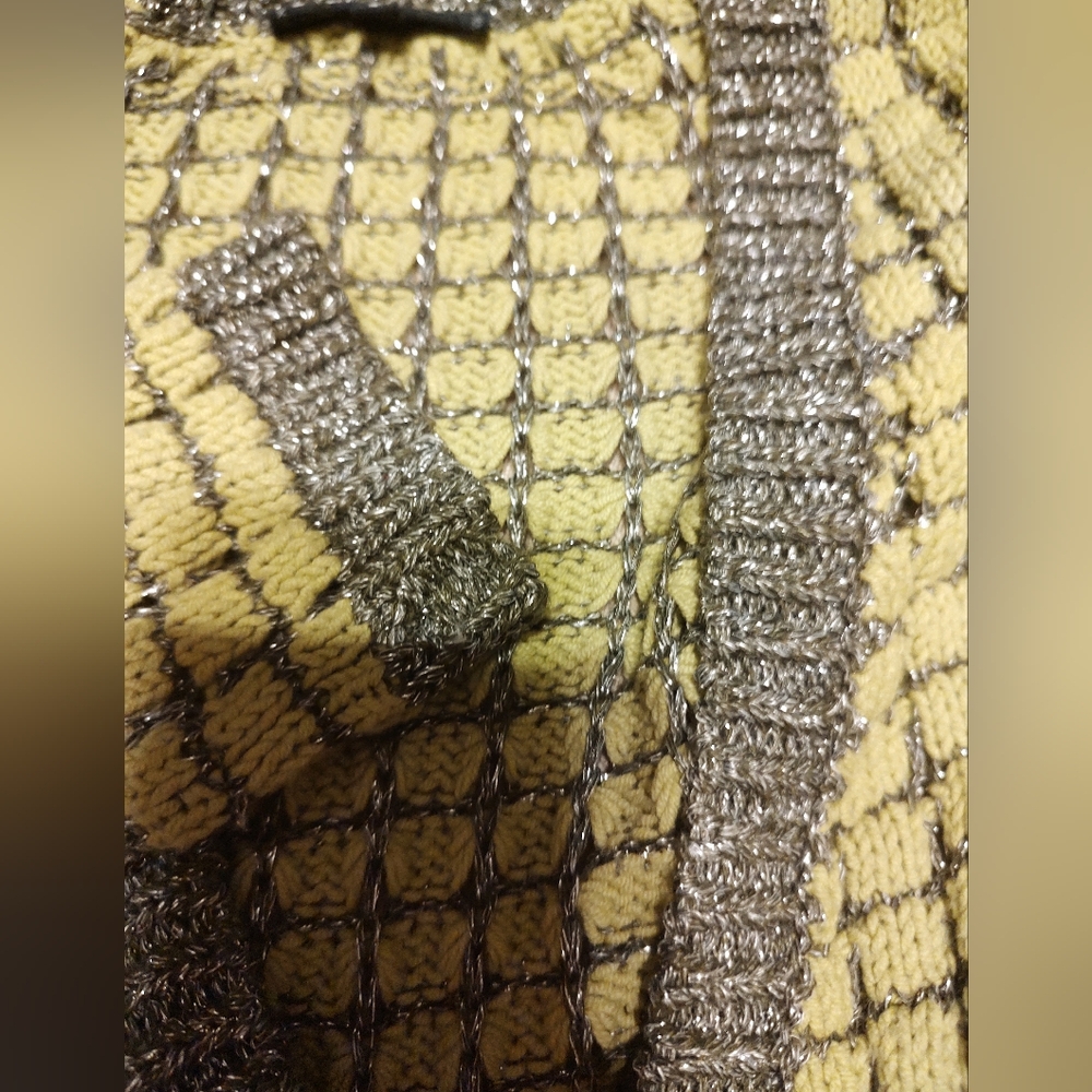 🌿🩶🌿 Gorgeous Chartreuse & Silver Metallic Open Weave Tie Cardigan - S - Picture 10 of 16